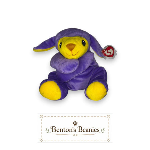 Benton's Beanies Baba the Purple Sheep TY Pillow Pal plush toy with yellow accents and mint heart tush tag.