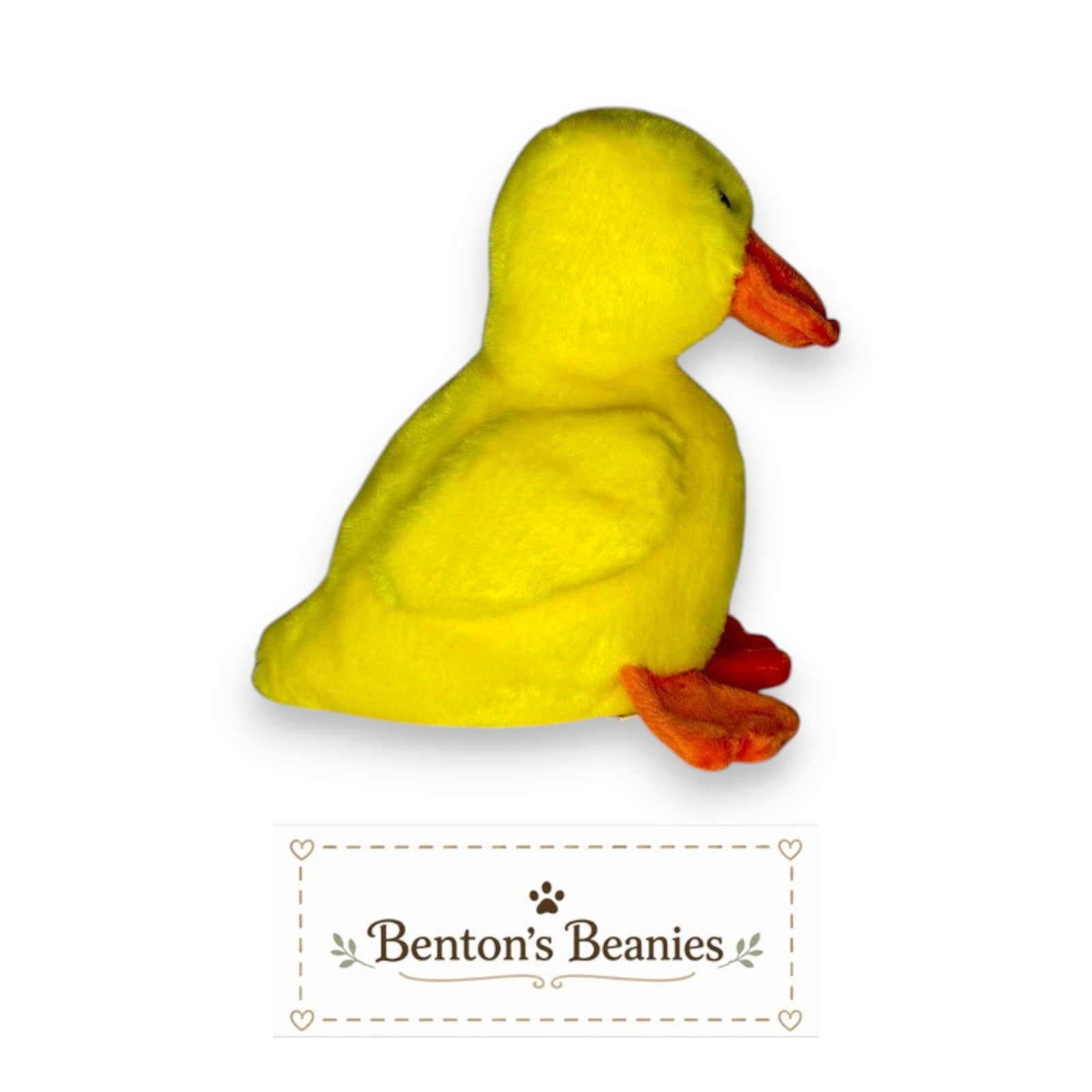 Benton's Beanies Quackers the Duck Ty Beanie Buddy plush toy, sunshine yellow with orange bill and feet.