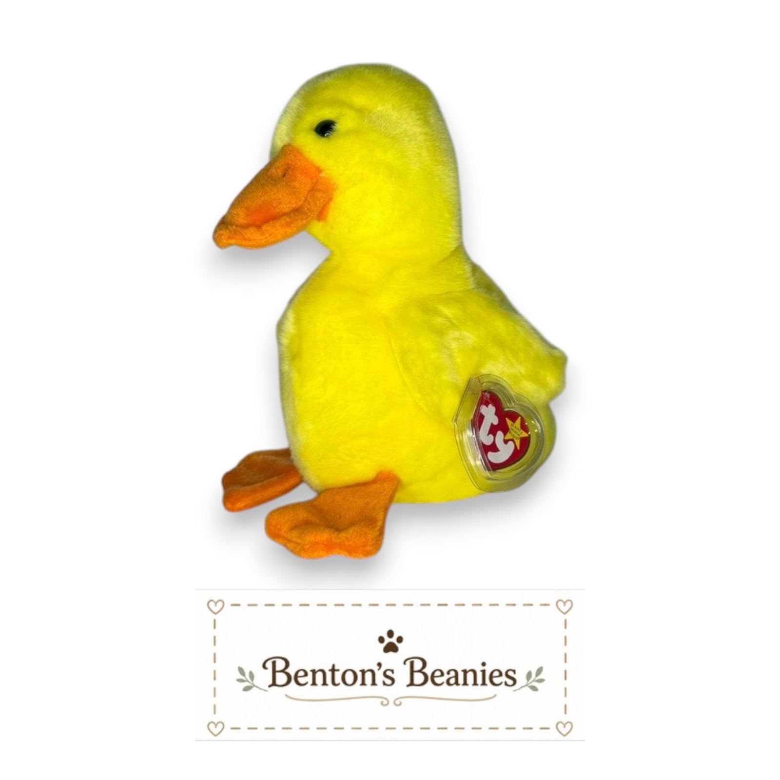 Benton's Beanies Quackers the Duck Ty Beanie Buddy, sunshine yellow plush with orange bill and feet, mint tags.