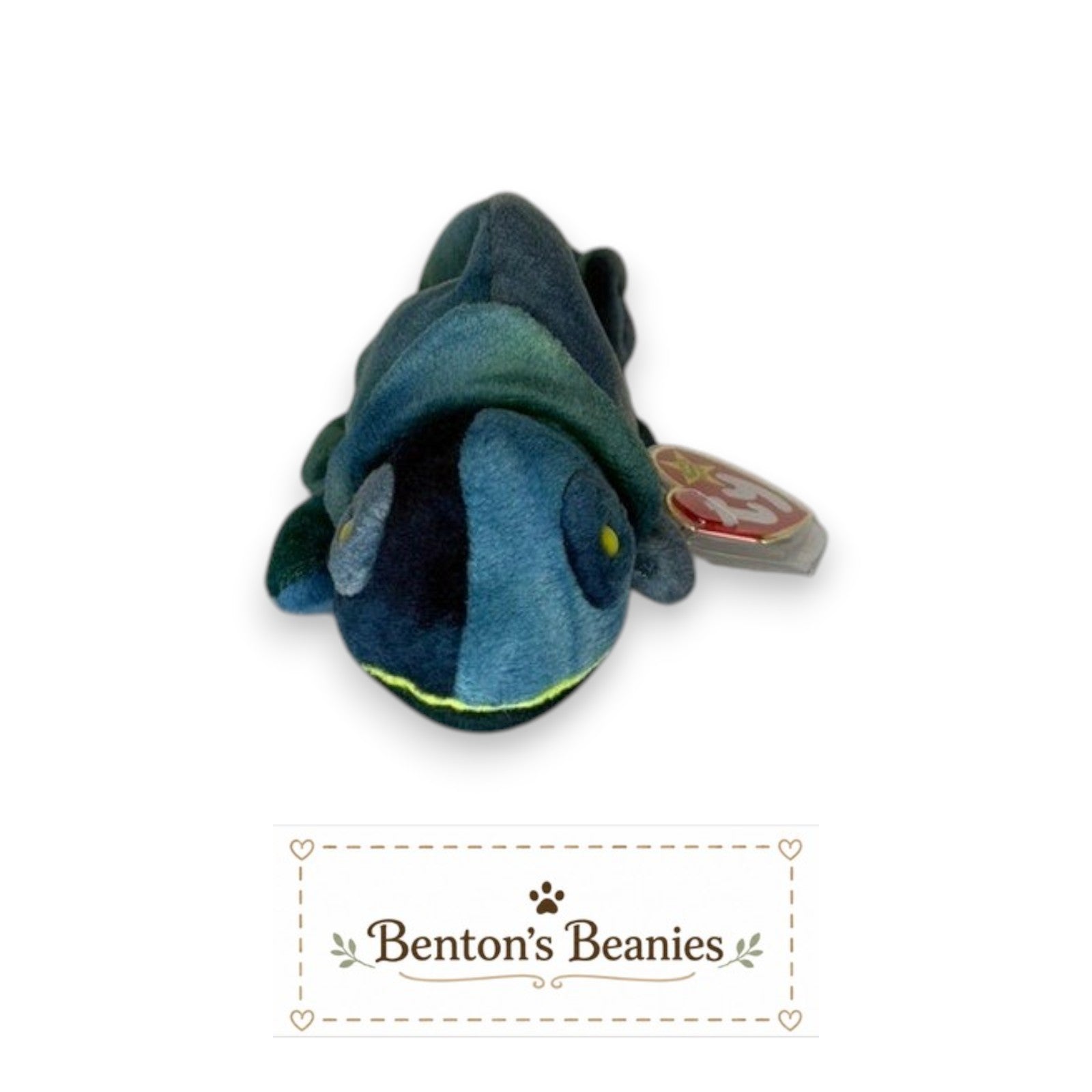 Benton's Beanies Rainbow the Chameleon plush toy in blue and teal with curled tail and original Ty tag