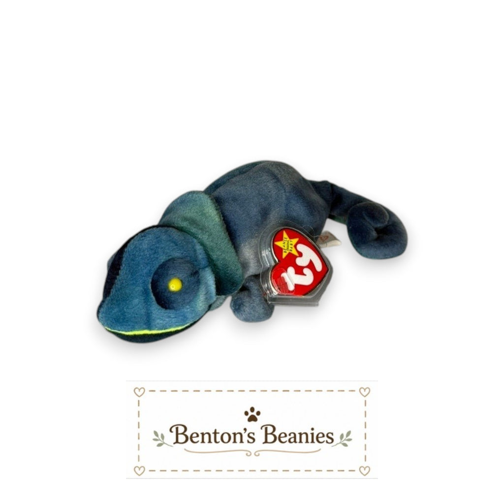 Benton's Beanies Rainbow the Chameleon plush toy with blue and teal soft fabric and original Ty heart tag.