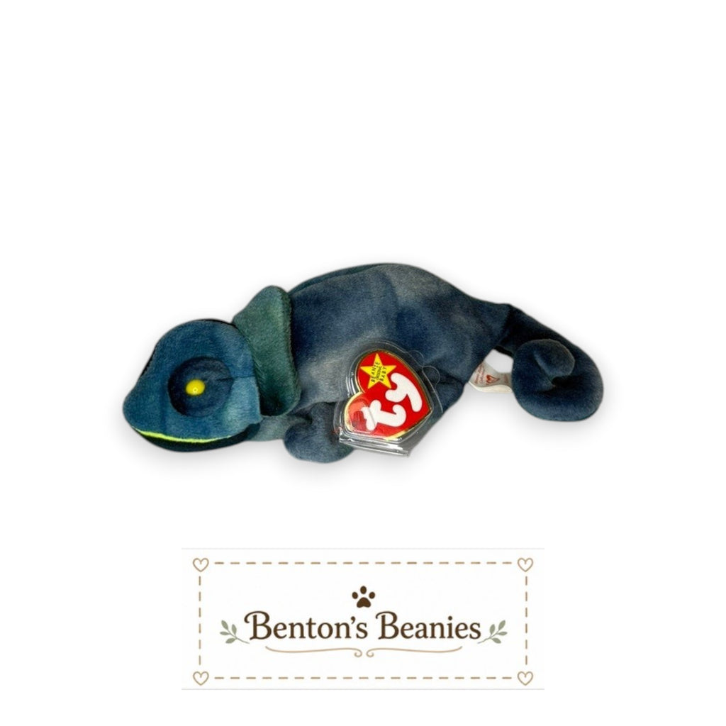 Benton's Beanies Rainbow the Chameleon plush toy in blue and teal with a curled tail and original Ty tag.
