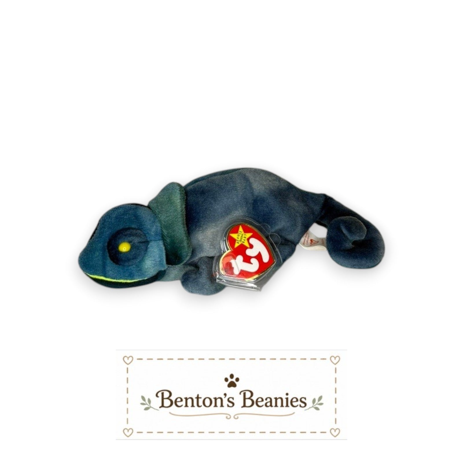 Benton's Beanies Rainbow the Chameleon plush toy in blue and teal with a curled tail and original Ty tag.
