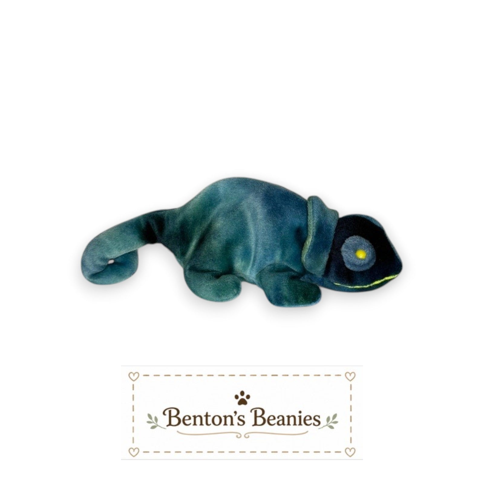 Benton's Beanies Rainbow the Chameleon Ty Beanie Baby in blue and teal plush with a curled tail and bright eyes.