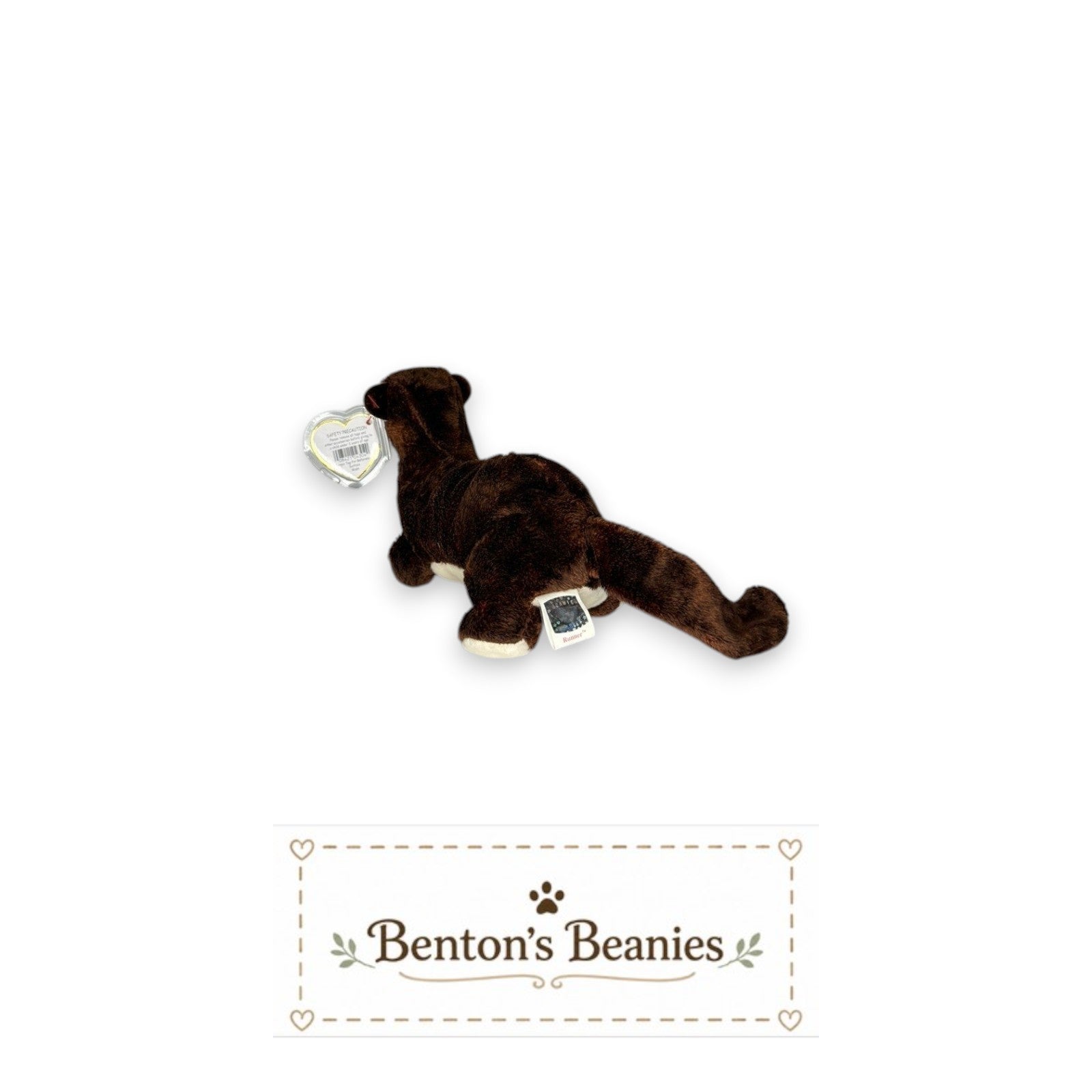 Benton's Beanies Runner the Mustelidae Ty Beanie Baby, a brown plush otter with white accents and mint condition tags.