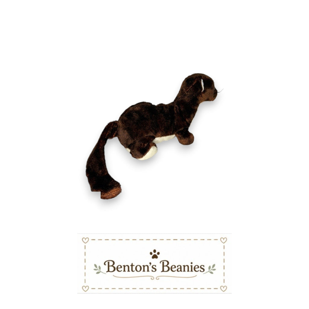 Benton's Beanies Runner the Mustelidae plush toy, a brown weasel with white accents, mint condition tags.