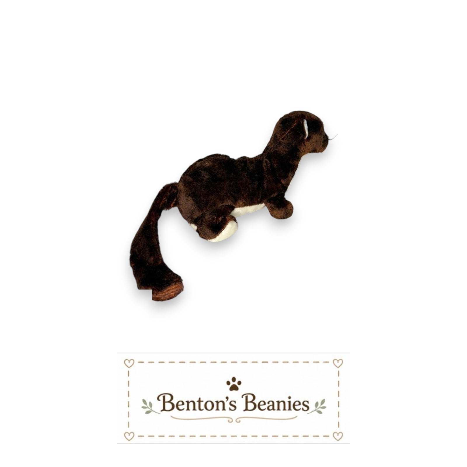 Benton's Beanies Runner the Mustelidae plush toy, a brown weasel with white accents, mint condition tags.