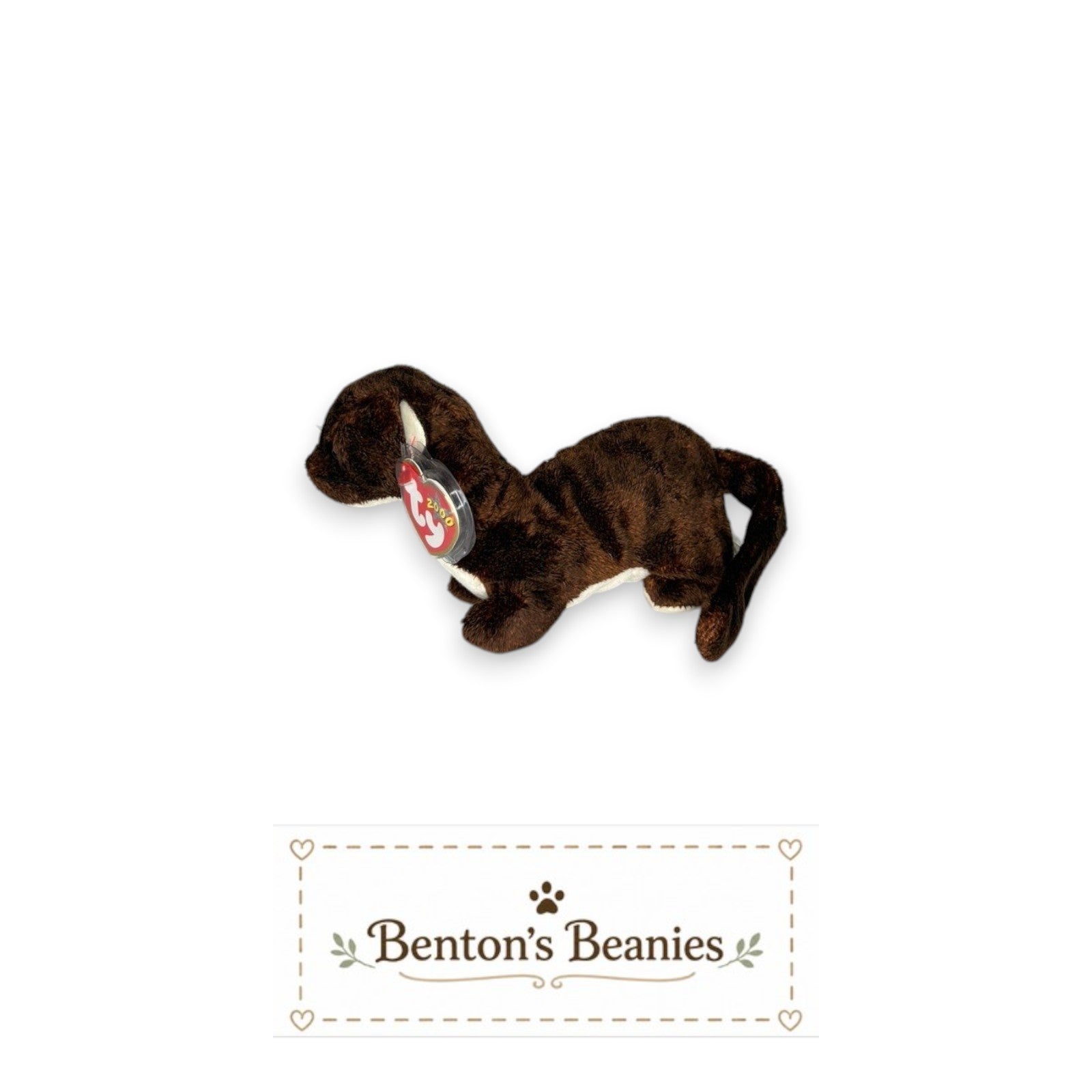 Benton's Beanies Runner the Mustelidae Ty Beanie Baby, brown plush with white accents, mint condition tags.