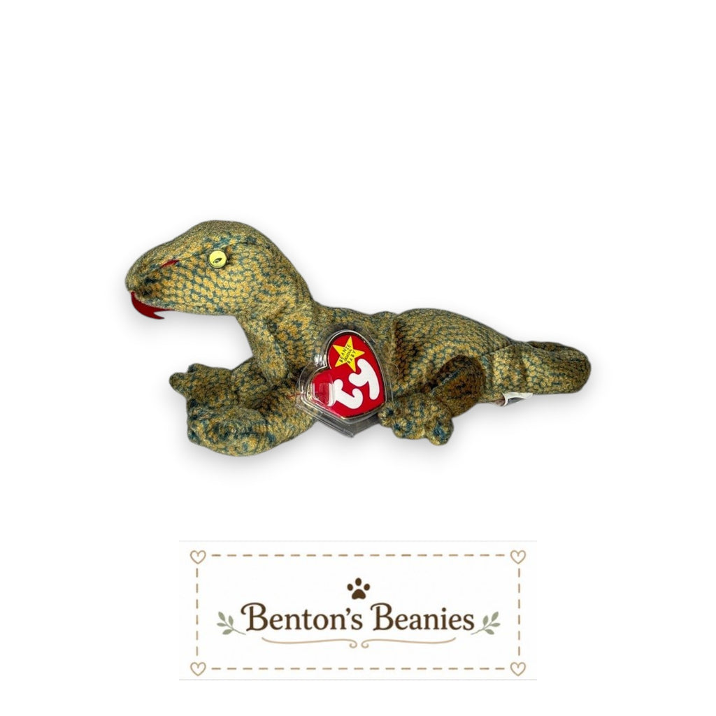 Benton's Beanies Scaly the Lizard Ty Beanie Baby with textured green and tan fabric, bright eyes, and red tongue.