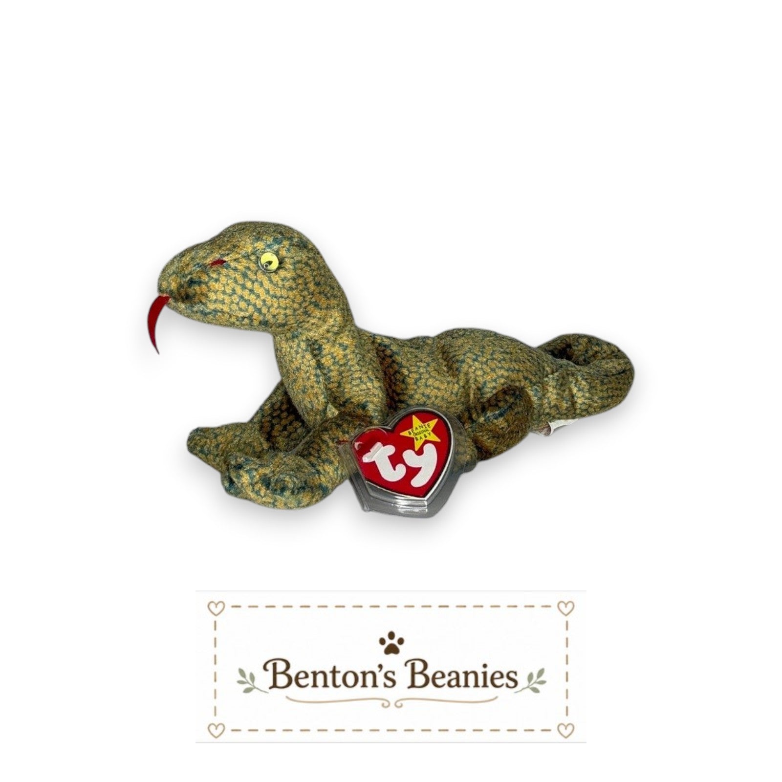Benton's Beanies Scaly the Lizard Ty Beanie Baby, textured green and tan fabric, red tongue, mint tags.