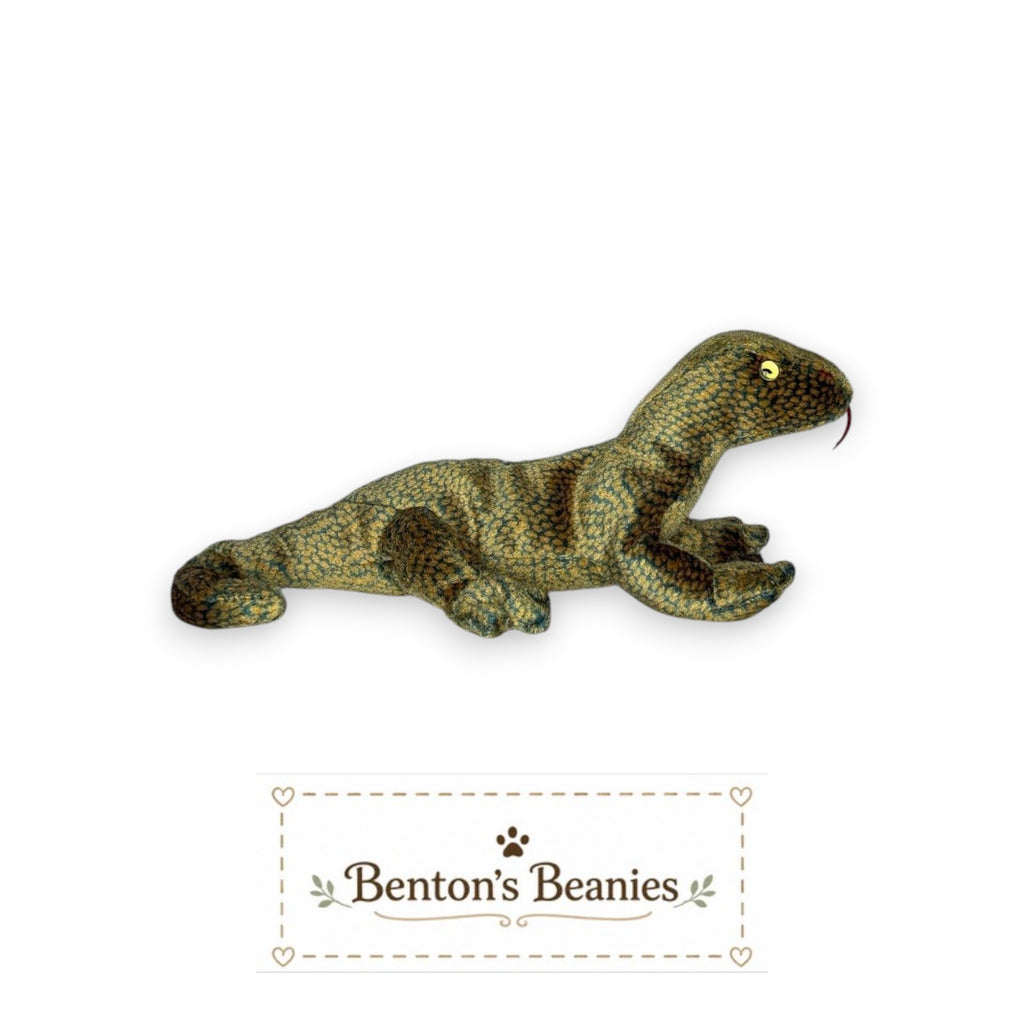 Benton's Beanies Scaly the Lizard Ty Beanie Baby, green and tan textured fabric, red tongue, bright eyes.