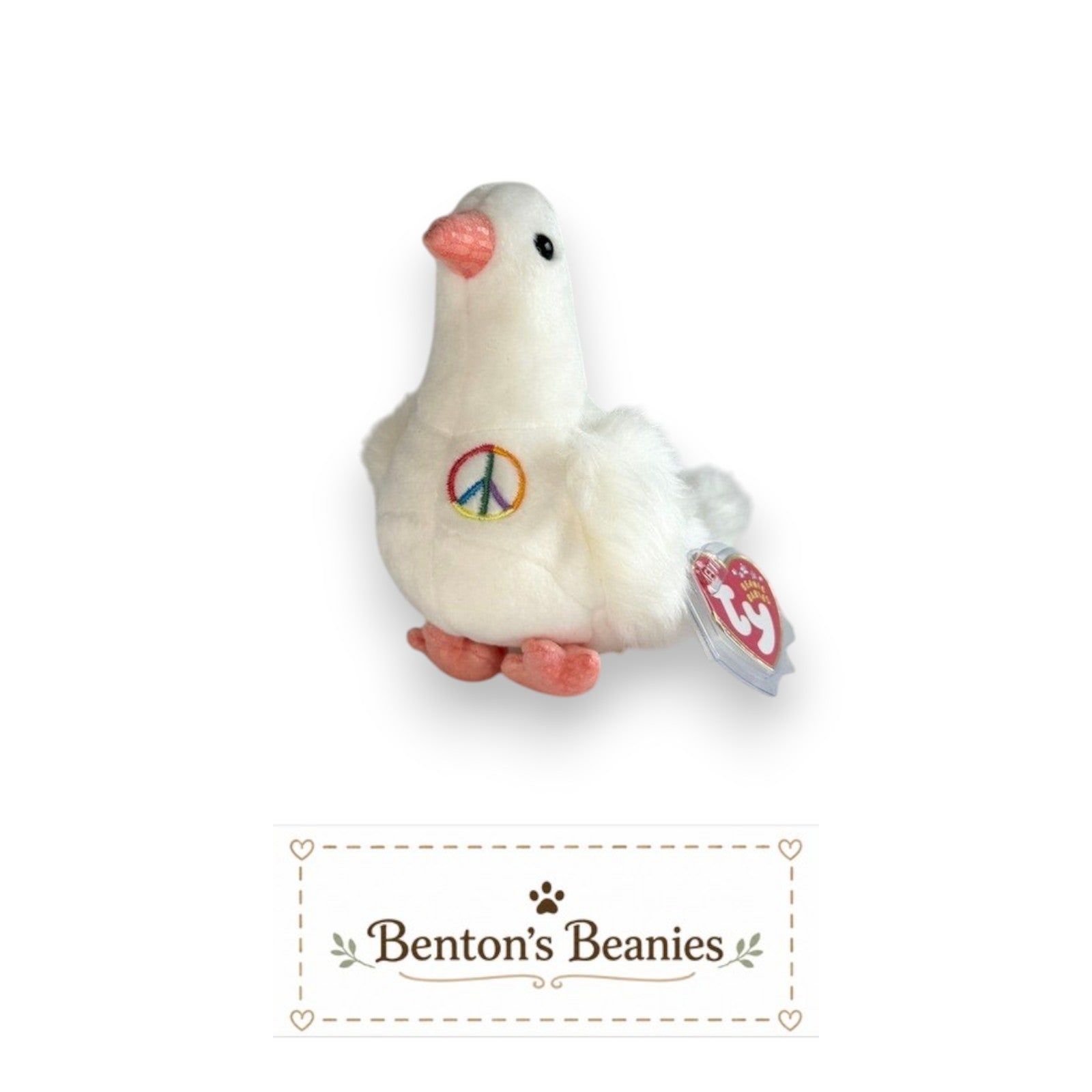 Benton's Beanies Serenity the Dove Ty Beanie Baby with white plush, peach beak, and embroidered peace symbol.