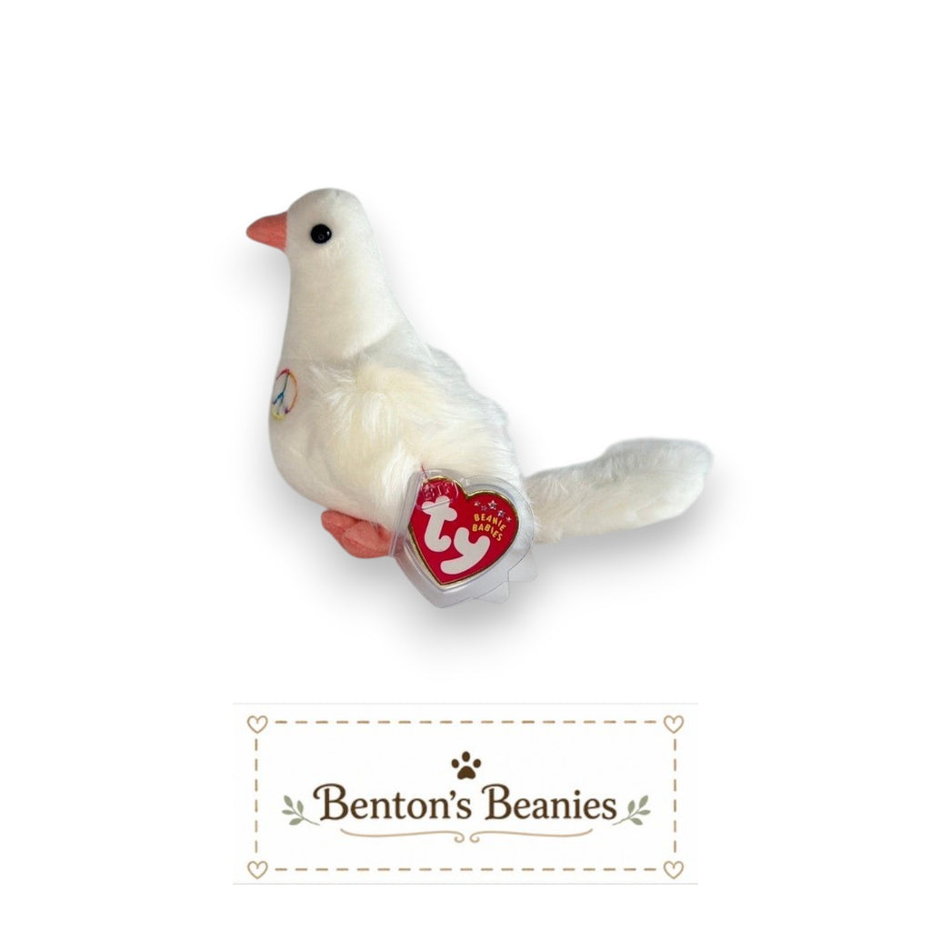Benton's Beanies Serenity the Dove Ty Beanie Baby with white plush, peach beak, and embroidered peace symbol.