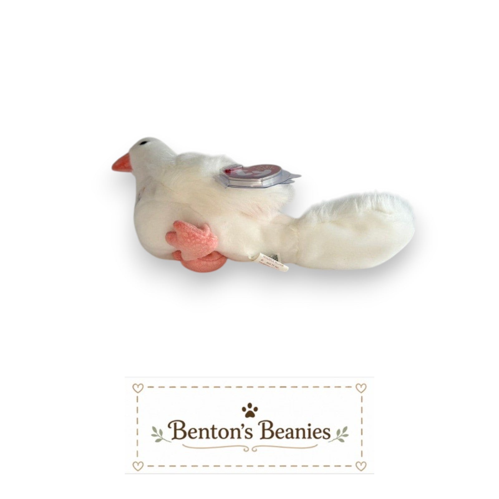 Benton's Beanies Serenity the Dove Ty Beanie Baby with white plush, peach beak, and original heart tag.
