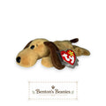 Benton's Beanies tan plush dog with brown floppy ears and a red heart tag. Classic 90s Beanie Baby.