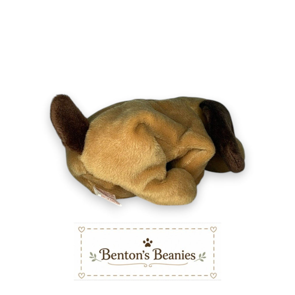 Benton's Beanies tan plush dog with brown floppy ears and tail, classic Beanie Baby style.