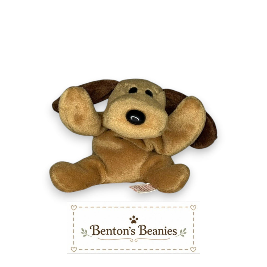 Benton's Beanies tan plush dog with brown floppy ears and black nose. Classic 90s Beanie Baby.
