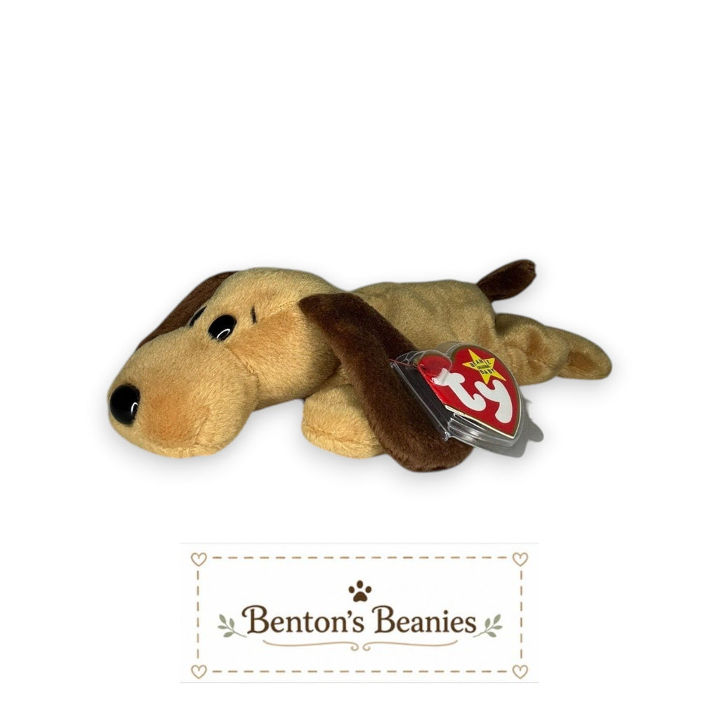Benton's Beanies tan plush dog with floppy brown ears and Ty tag. Classic 90s Beanie Baby.