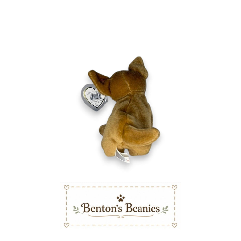 Benton's Beanies Tiny the Chihuahua Ty Beanie Baby, caramel plush with oversized ears, mint tags.