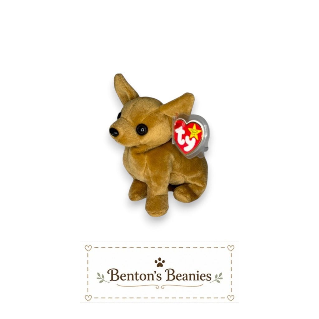 Benton's Beanies Tiny the Chihuahua Ty Beanie Baby, caramel plush with oversized ears and expressive eyes.