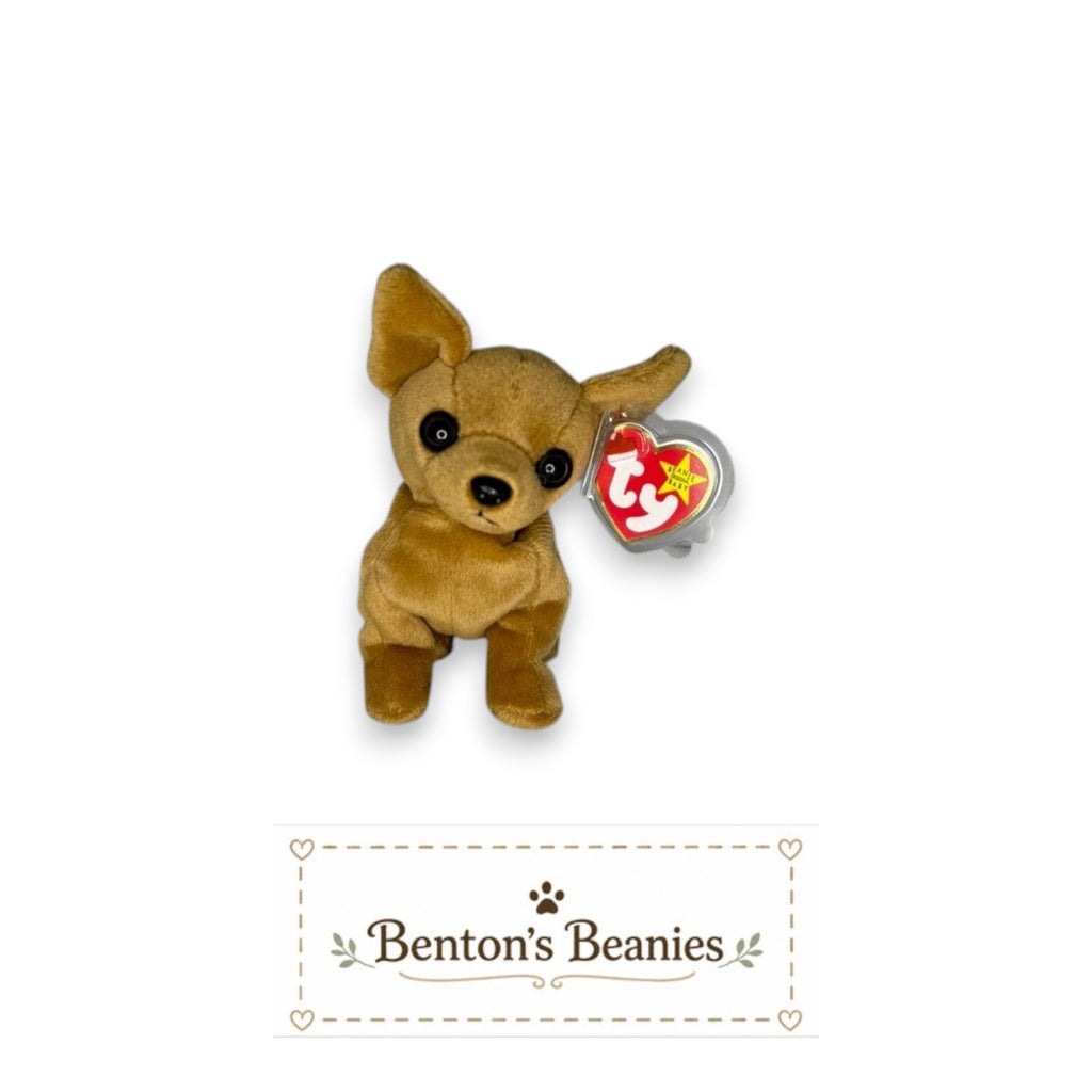 Benton's Beanies Tiny the Chihuahua Ty Beanie Baby, caramel plush with oversized ears and expressive eyes.