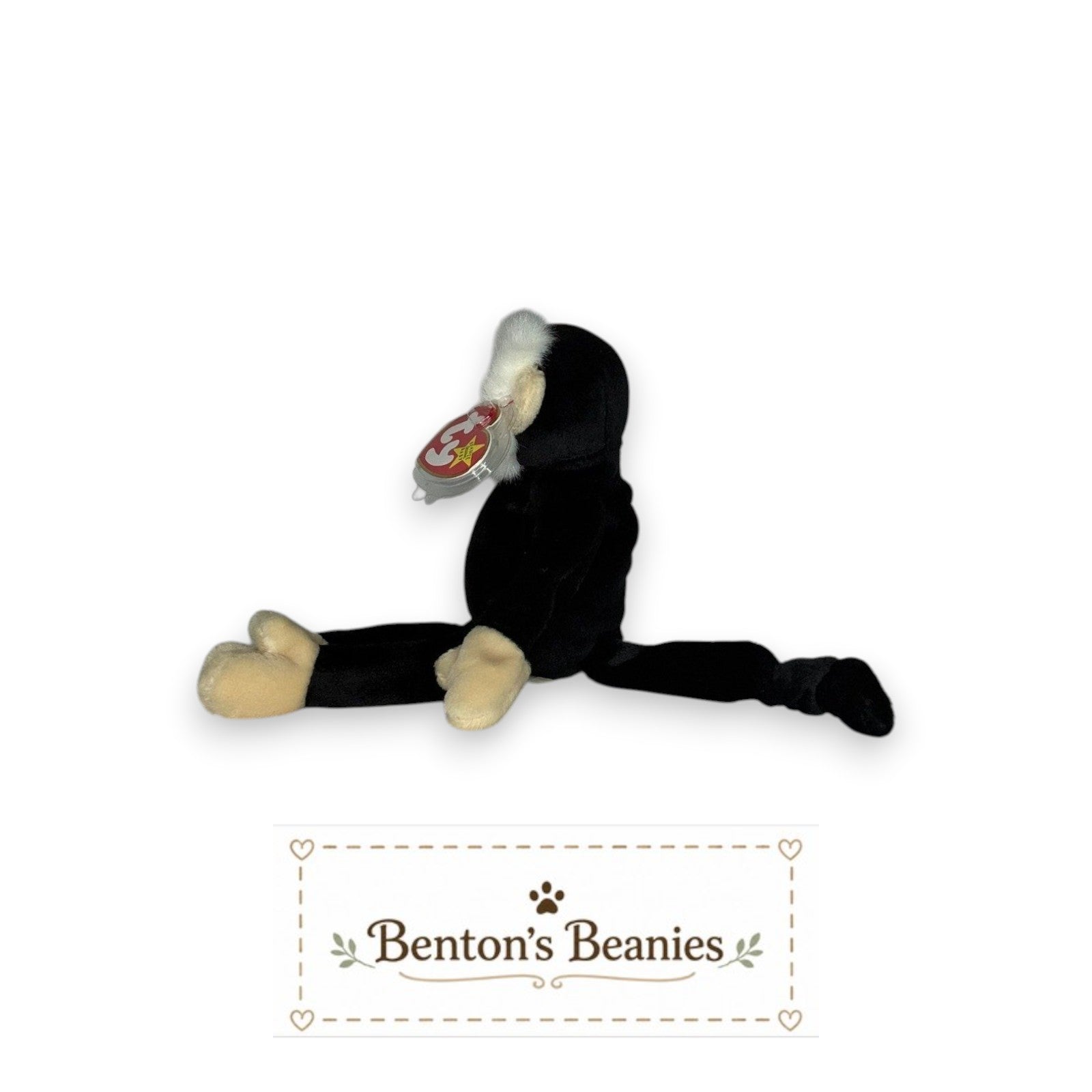 Benton's Beanies Mooch the Spider Monkey TY Beanie Baby, black plush with cream hands and feet, white fur accent.