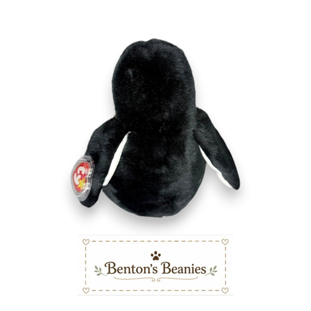 Benton's Beanies Waddle the Penguin Beanie Buddy, black and white plush with orange feet and beak, oversized collectible.