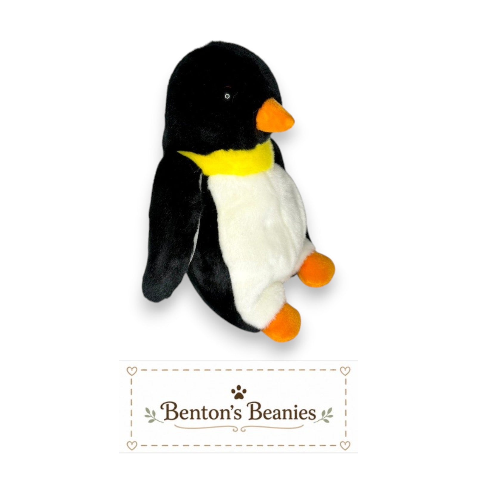 Benton's Beanies Waddle the Penguin Beanie Buddy, black and white plush with orange feet and beak, yellow scarf.