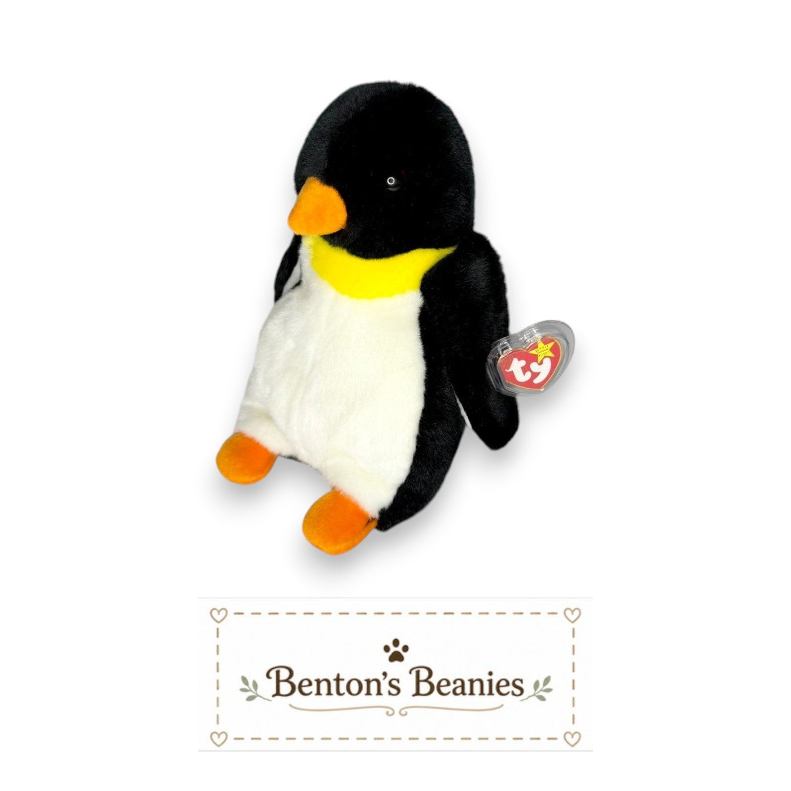 Benton's Beanies Waddle the Penguin Ty Beanie Buddy plush, black and white with orange feet and beak, yellow neck accent.