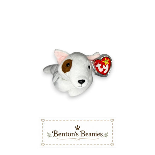 Benton's Beanies white plush dog with brown eye patch and pink ears, wearing a Ty tag.
