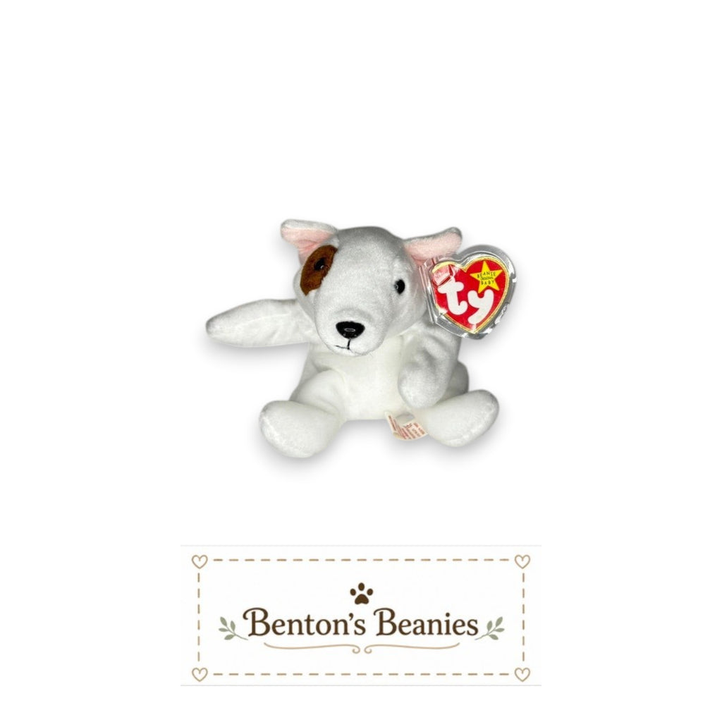 Benton's Beanies white plush dog with brown eye patch and pink ears, classic Ty Beanie Baby collectible