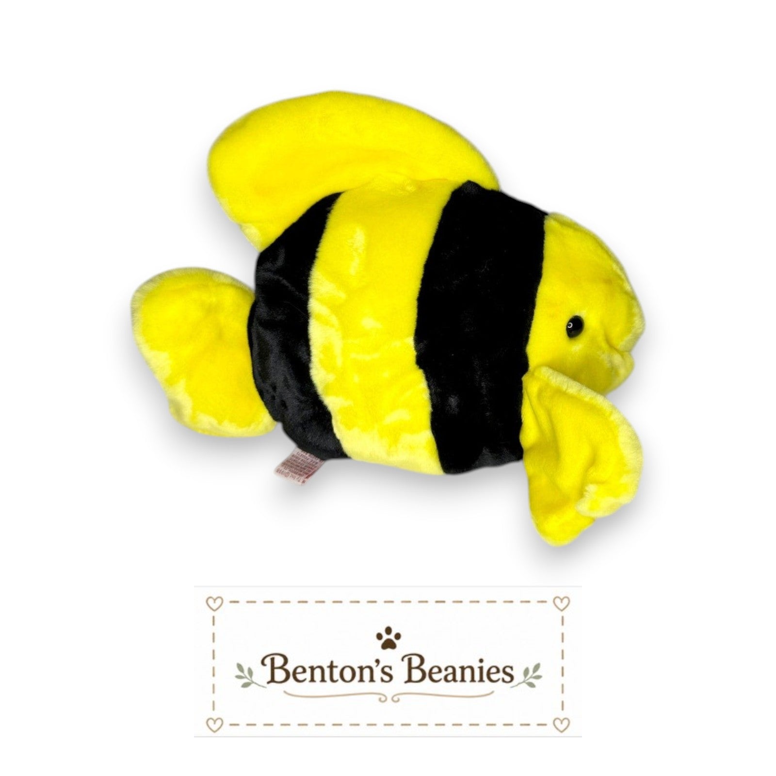 Benton's Beanies yellow plush fish with black stripes, oversized Beanie Buddy design, mint tags.