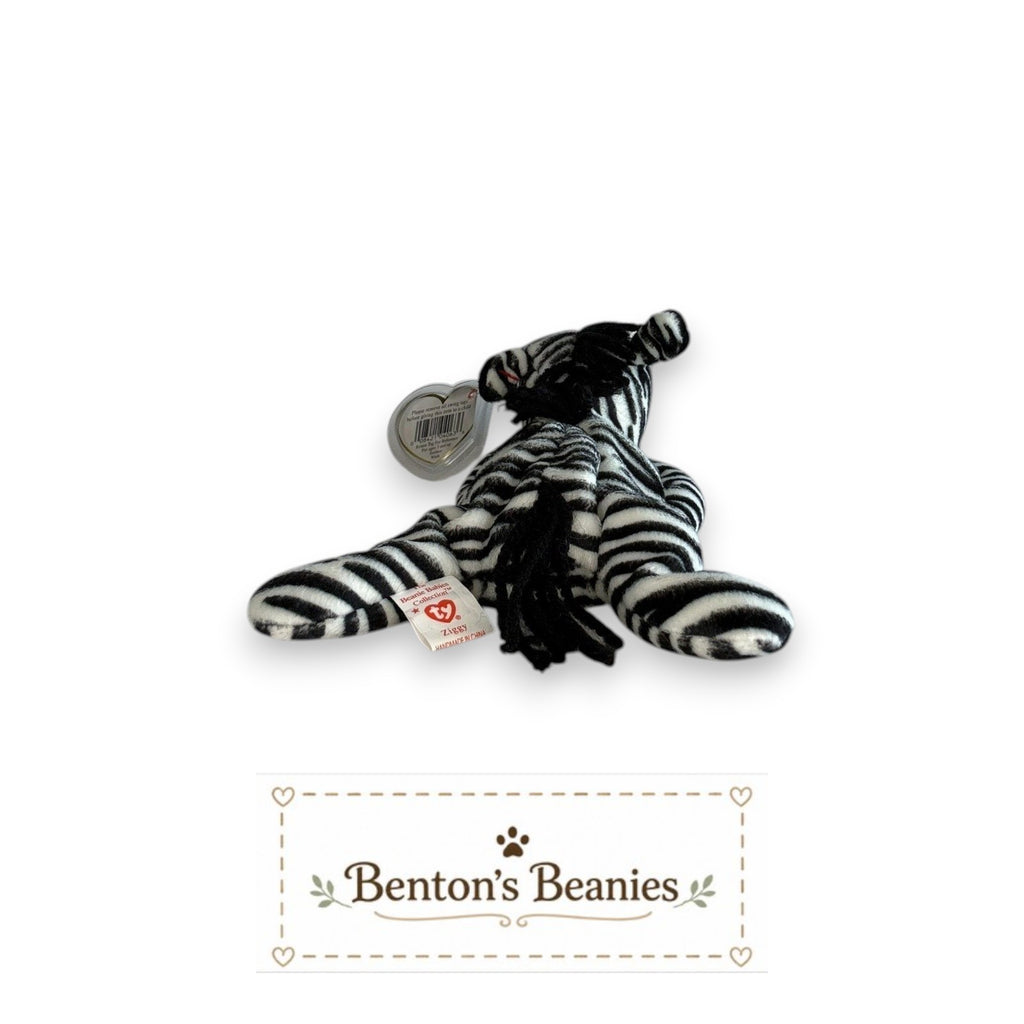 Benton's Beanies Ziggy the Zebra TY Beanie Baby with original heart and tush tags, featuring soft striped plush.