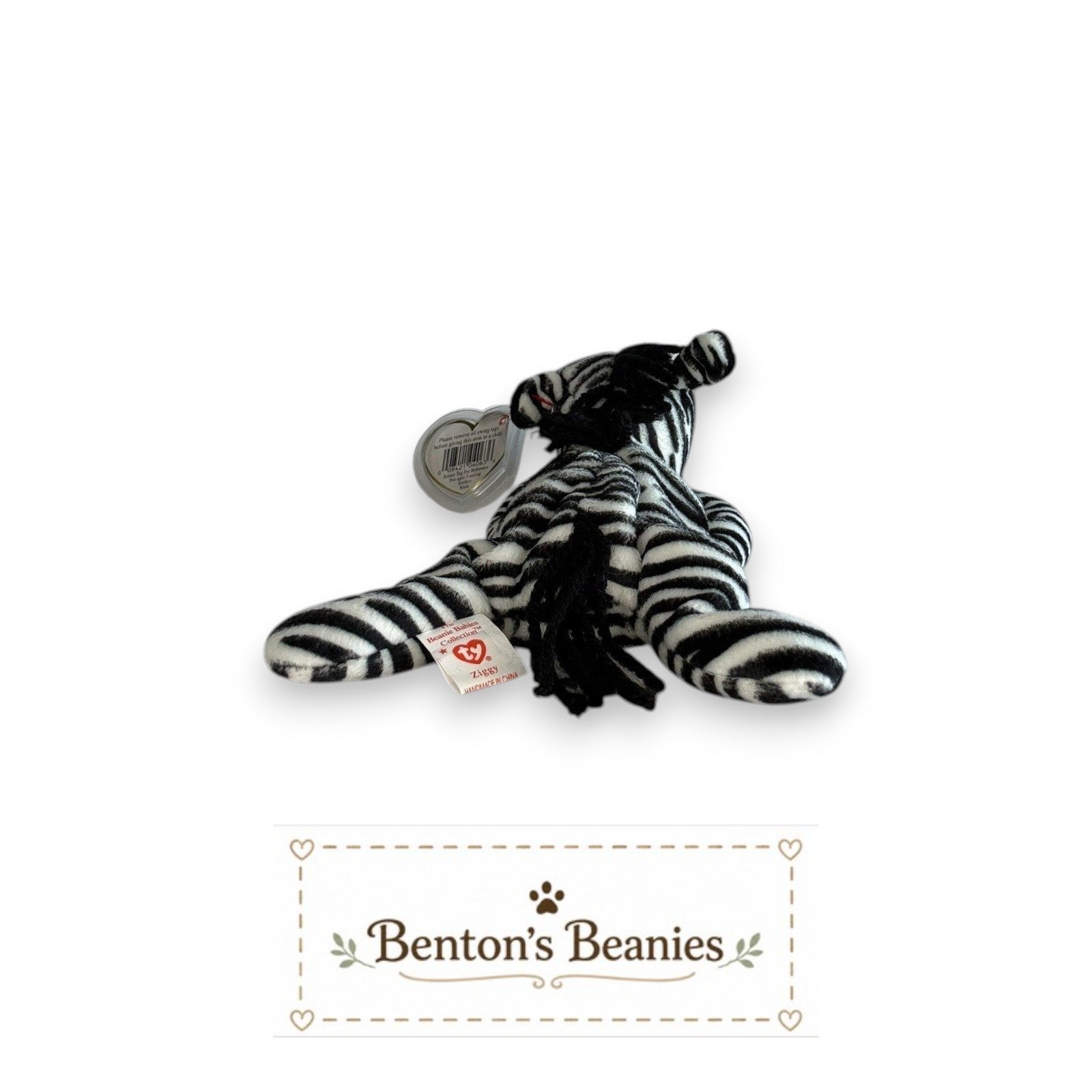 Benton's Beanies Ziggy the Zebra TY Beanie Baby with original heart and tush tags, featuring soft striped plush.