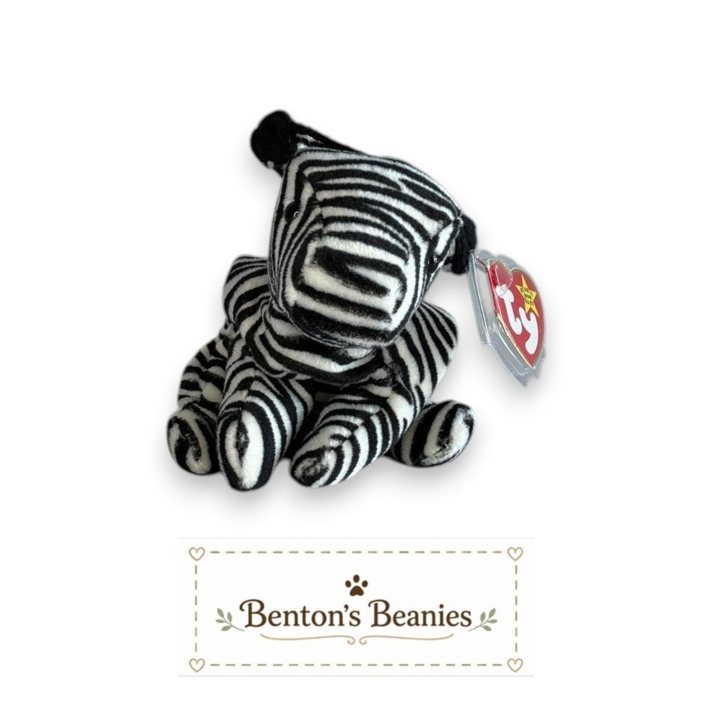 Benton's Beanies Ziggy the Zebra Ty Beanie Baby plush with black and white stripes and original heart tag attached.