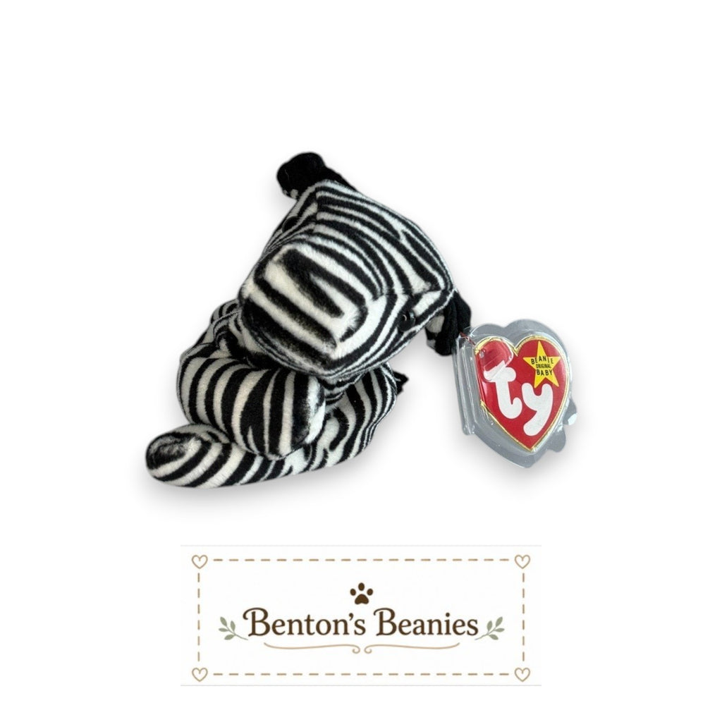 Benton's Beanies Ziggy the Zebra Ty Beanie Baby with classic black and white stripes and original heart tag.