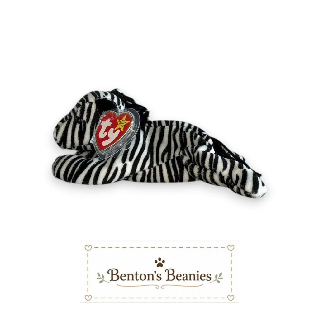 Benton's Beanies Ziggy the Zebra Ty Beanie Baby with classic black and white stripes and original heart tag attached.