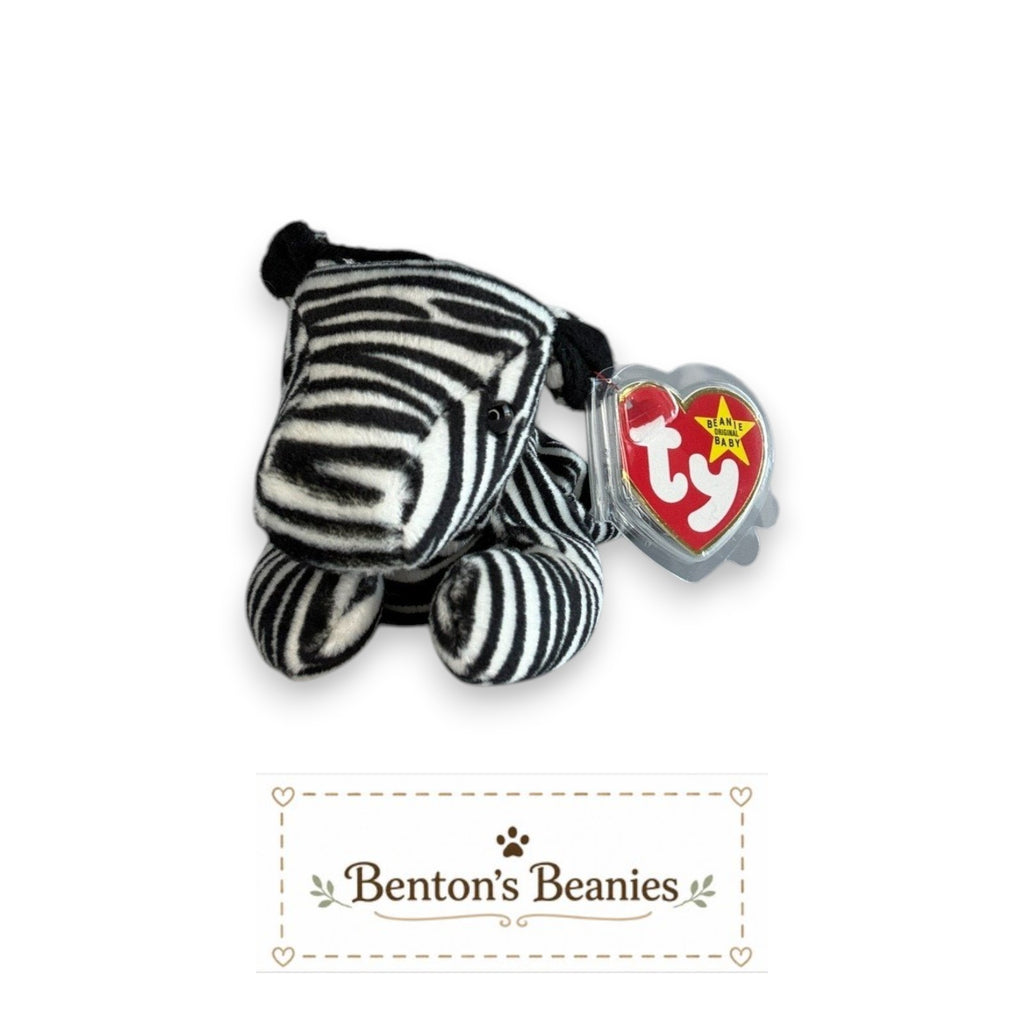 Benton's Beanies Ziggy the Zebra Ty Beanie Baby with black and white stripes and original heart tag attached.