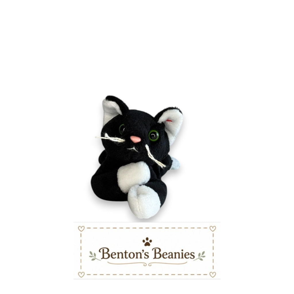 Benton's Beanies Zip the Cat Ty Beanie Baby with black and white plush fur, green eyes, and original heart tag