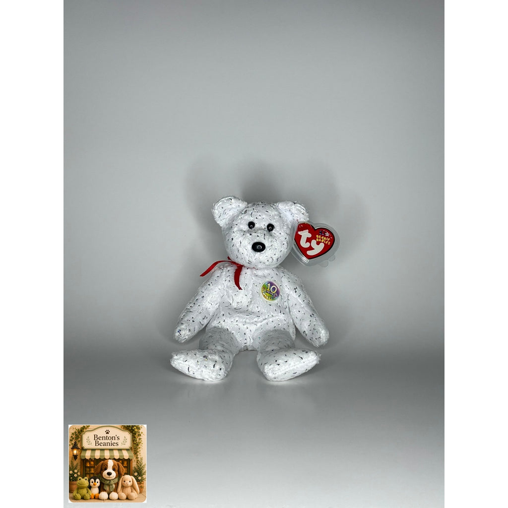 Decade the Bear White TY Beanie Baby | Mint Heart/Tush Tag