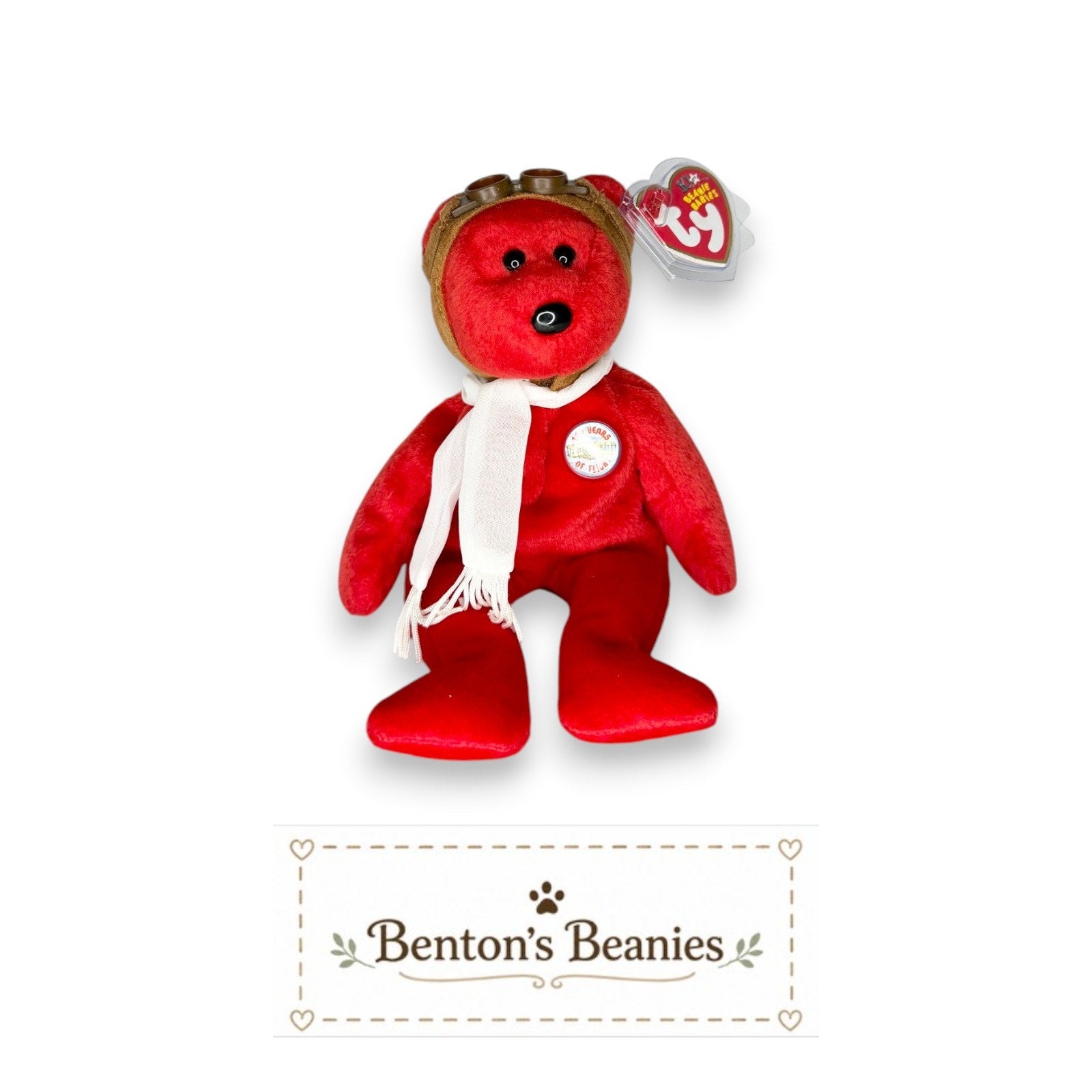 Bearon the Aviator Bear TY Beanie Baby | Mint Heart/Tush Tag