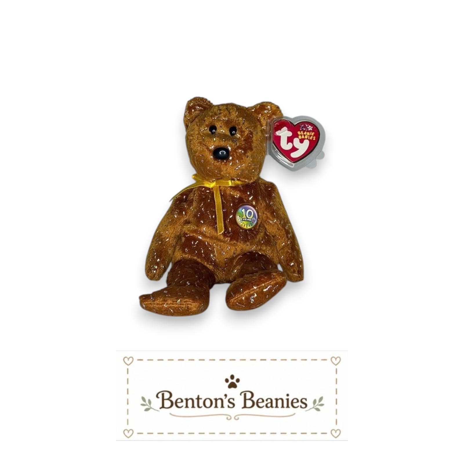 Decade the Bear Brown TY Beanie Baby | Mint Heart/Tush Tag