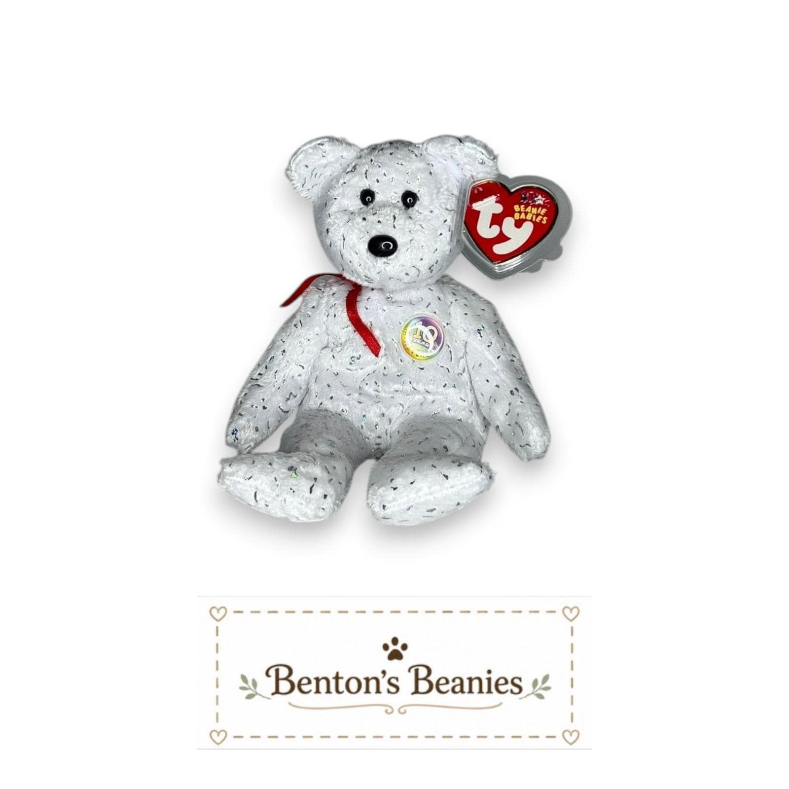 Decade the Bear White TY Beanie Baby | Mint Heart/Tush Tag