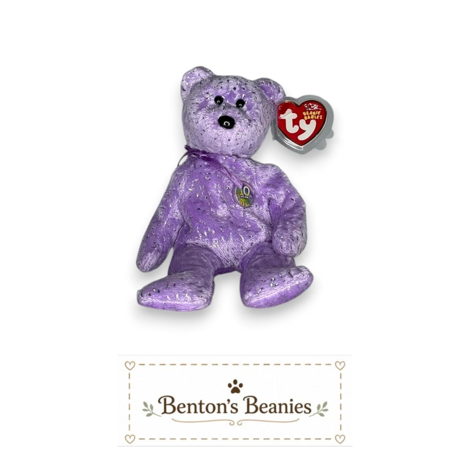 Decade the Bear Purple TY Beanie Baby | Mint Heart/Tush Tag