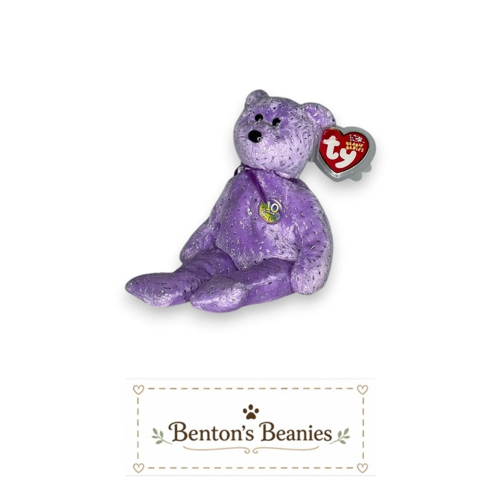 Decade the Bear Purple TY Beanie Baby | Mint Heart/Tush Tag