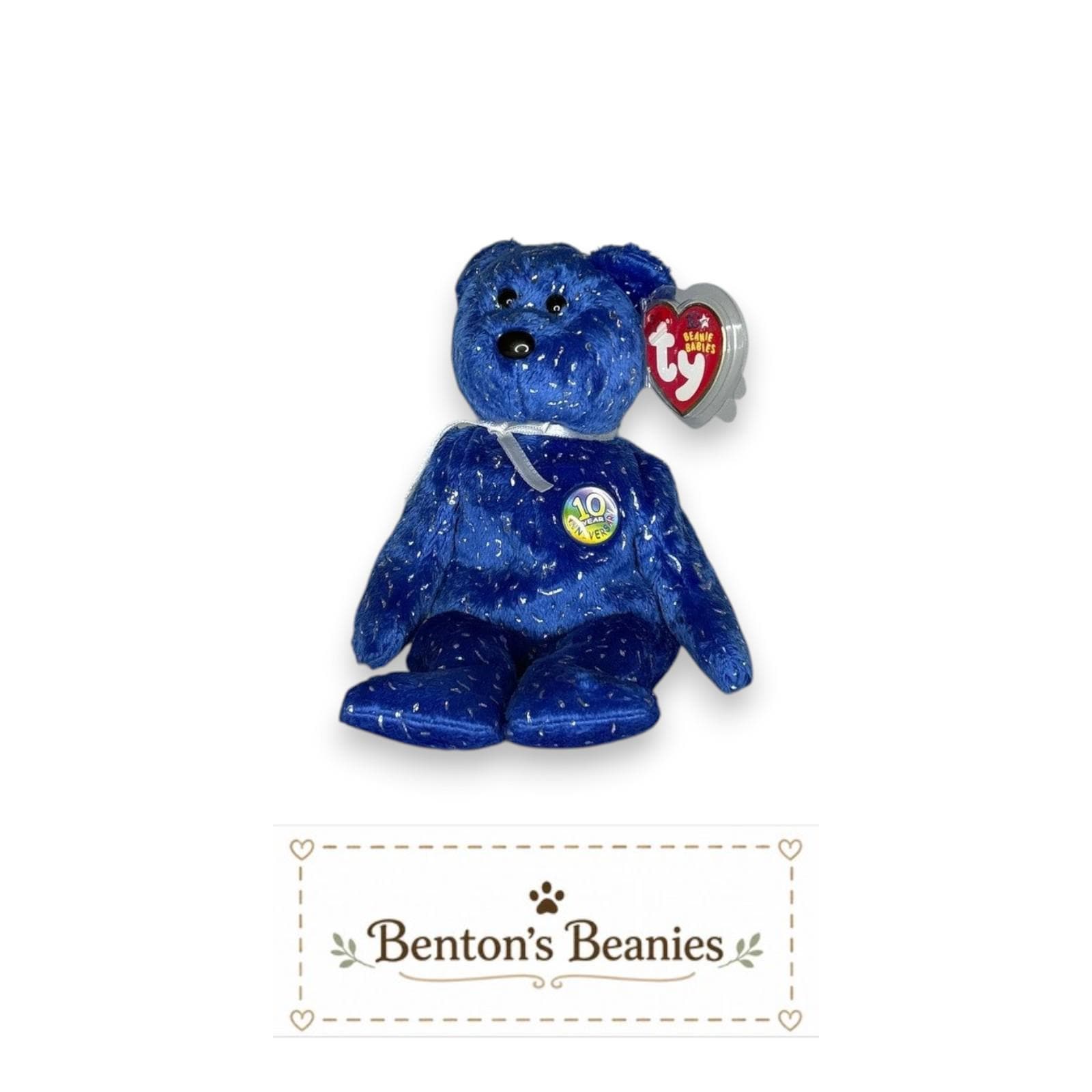 Decade the Bear Blue TY Beanie Baby | Mint Heart/Tush Tag