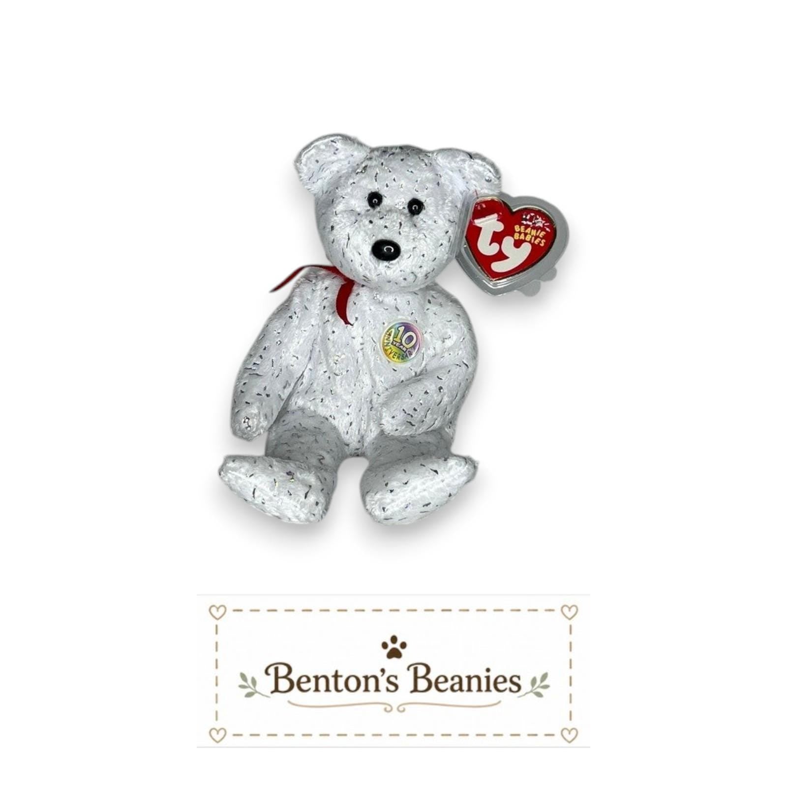 Decade the Bear White TY Beanie Baby | Mint Heart/Tush Tag