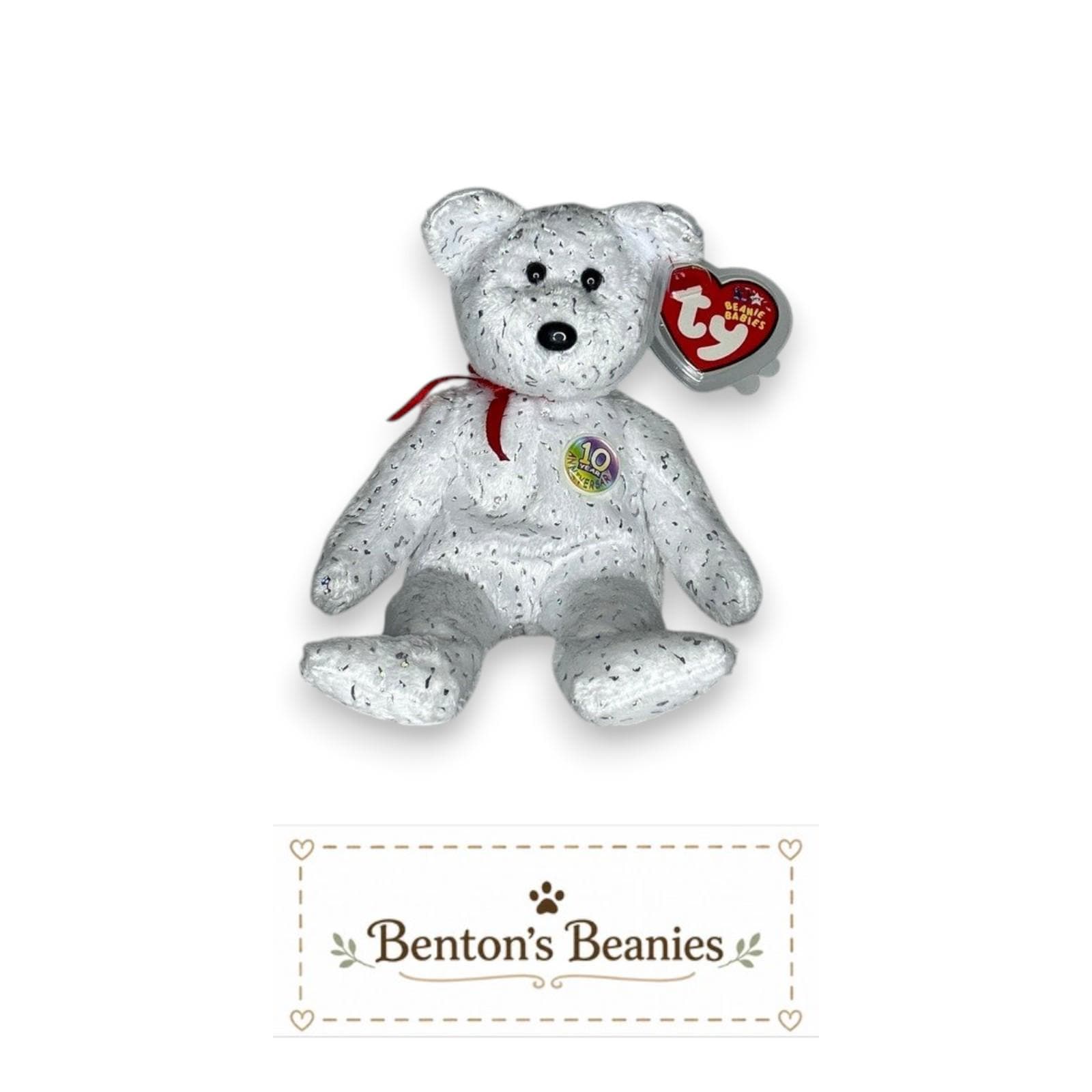 Decade the Bear White TY Beanie Baby | Mint Heart/Tush Tag