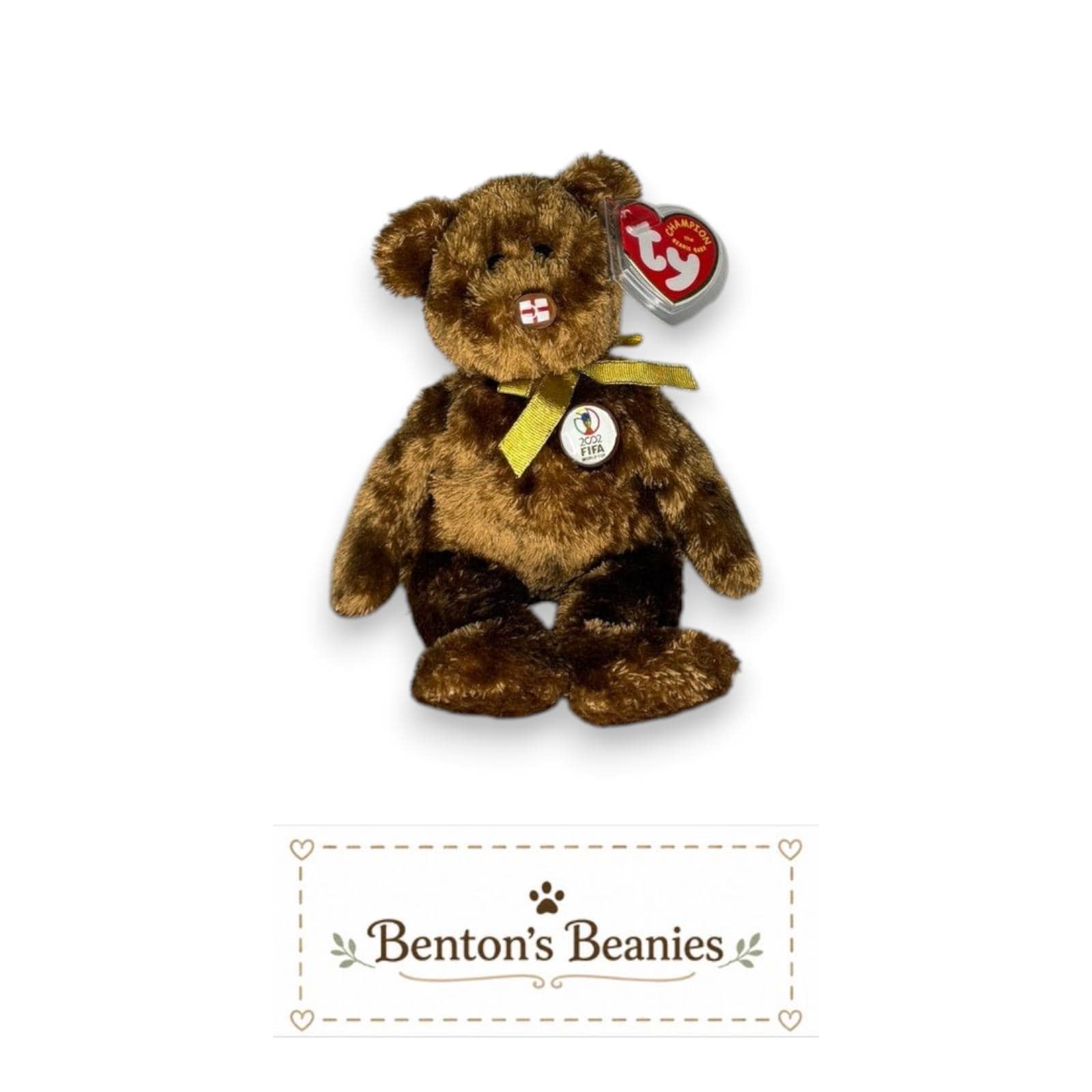 Champion the England Bear TY Beanie Baby | Mint Heart & Tush Tag