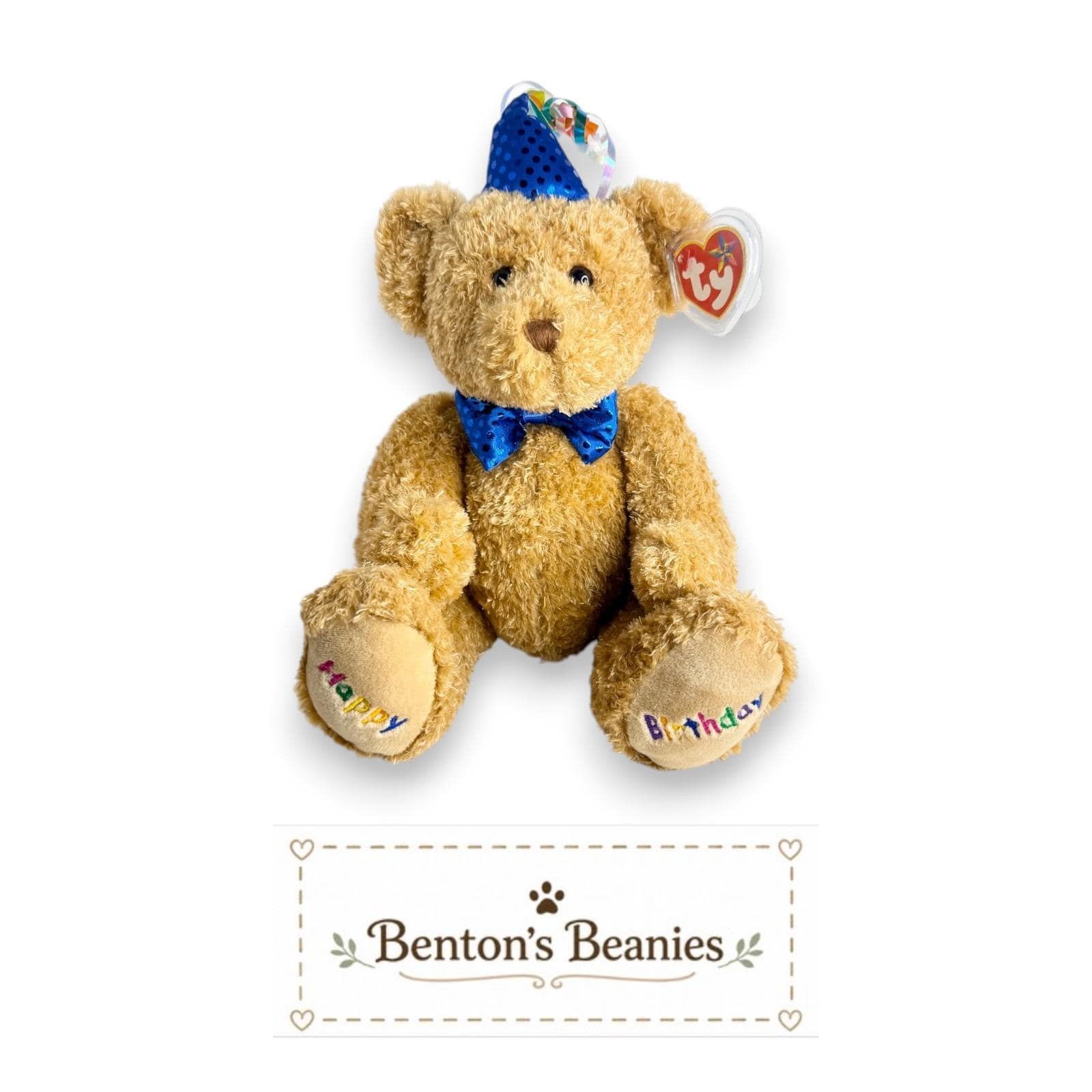 Happy Birthday Bear Ty Beanie Buddy | Blue Birthday Cheer | Mint Heart Tag